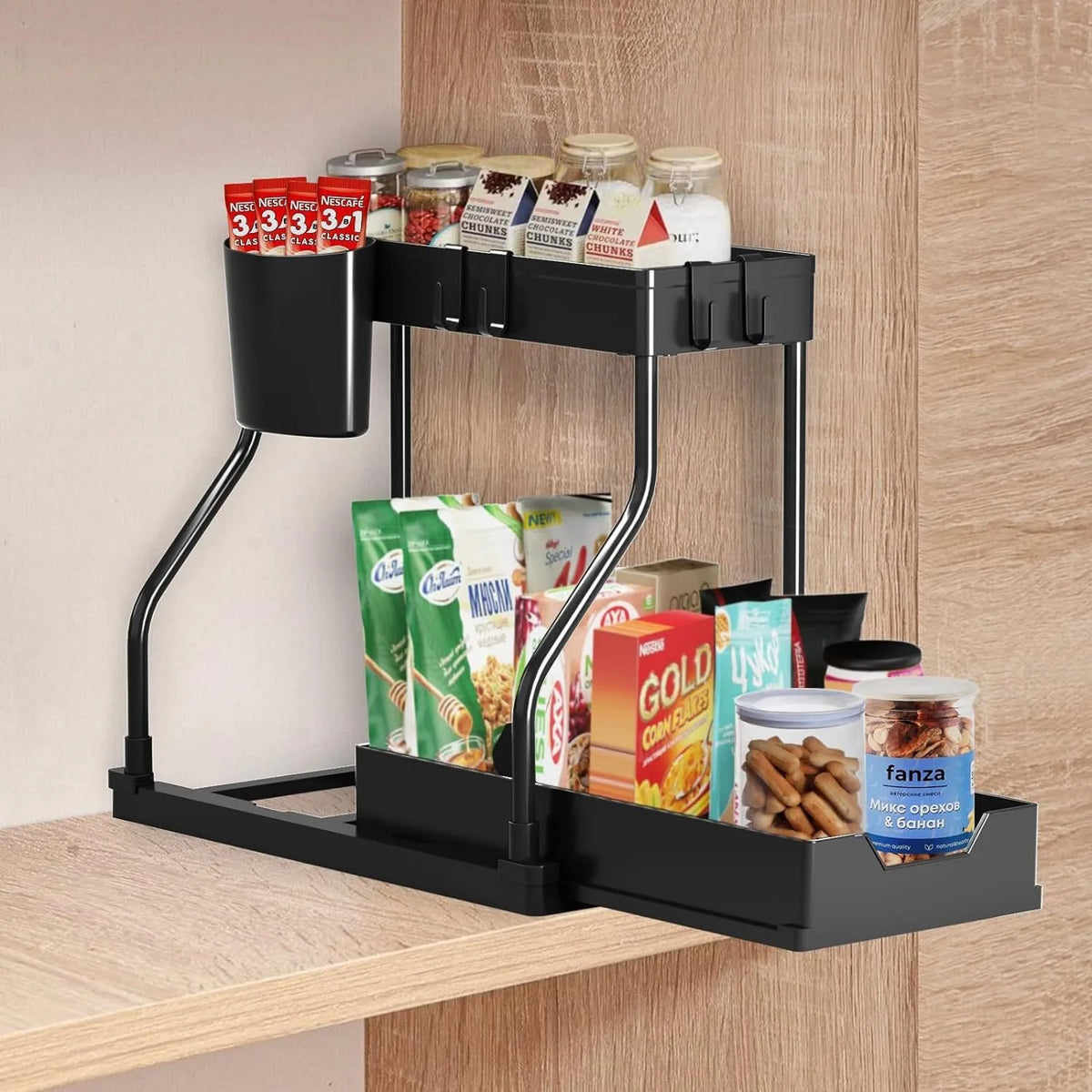 2-Tier under Sink Organizer, Removable Shelf with Drawer for Kitchen and Bathroom, with 4 Hooks and Hanging Organizer, 39.5 × 22 × 34.5 Cm