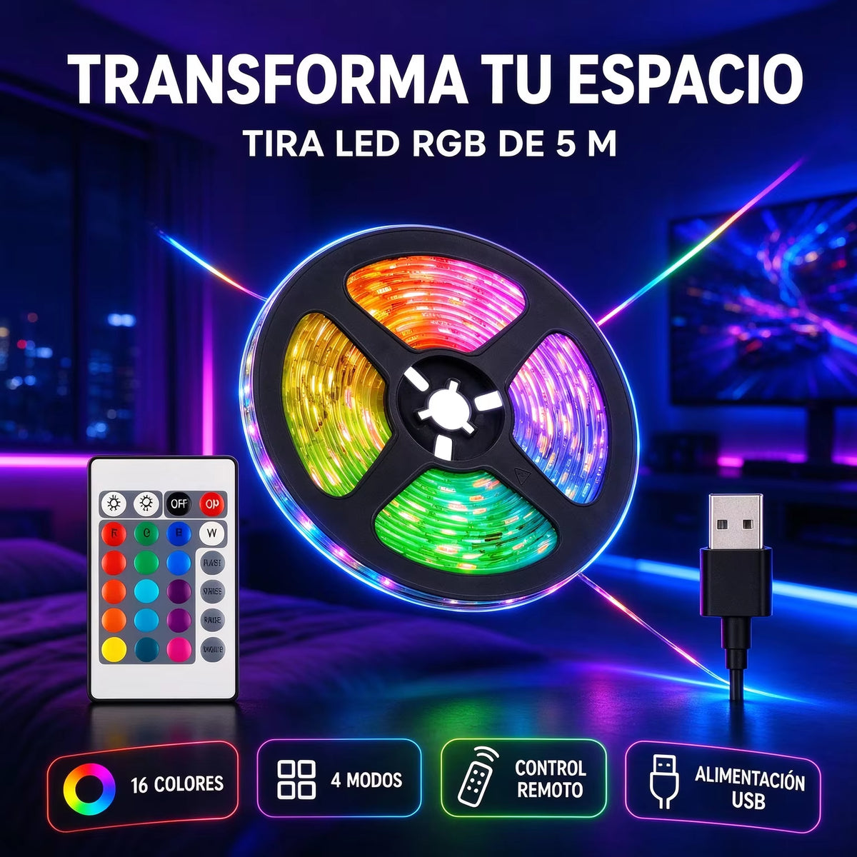 5 Meter Rgb Led Light Strip with Remote Control, USB Power, Dimmable Brightness and Colors, 4 Dynamic Effects, Easy Self-Adhesive Installation, Ideal Decoration for Television and Rooms, Excellent Gift Option