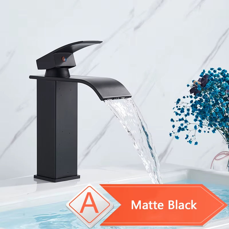 Hot Cold Water Basin Faucet Waterfall Bathroom Vanity Sink Faucets Single Lever Chrome/Black Brass Washing Mixer Taps