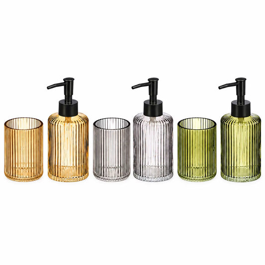 Ribbed Glass Bathroom Set with 350Ml Soap Dispenser and Multifunctional Tumbler, Elegant Bathroom Accessories in Green, Amber or Transparent with Black PP Pump