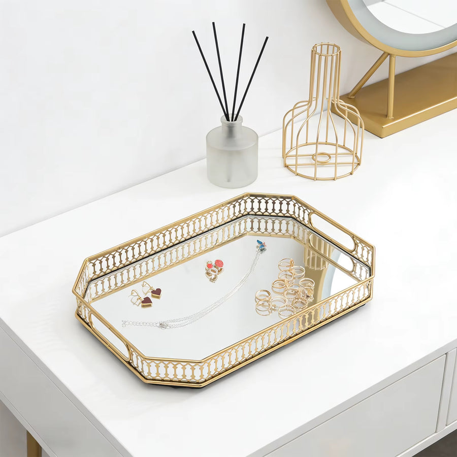 Aura – Plateau doré à miroir pour salle de bain et coiffeuse