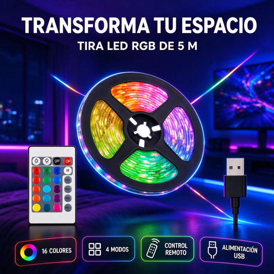 5 Meter Rgb Led Light Strip with Remote Control, USB Power, Dimmable Brightness and Colors, 4 Dynamic Effects, Easy Self-Adhesive Installation, Ideal Decoration for Television and Rooms, Excellent Gift Option