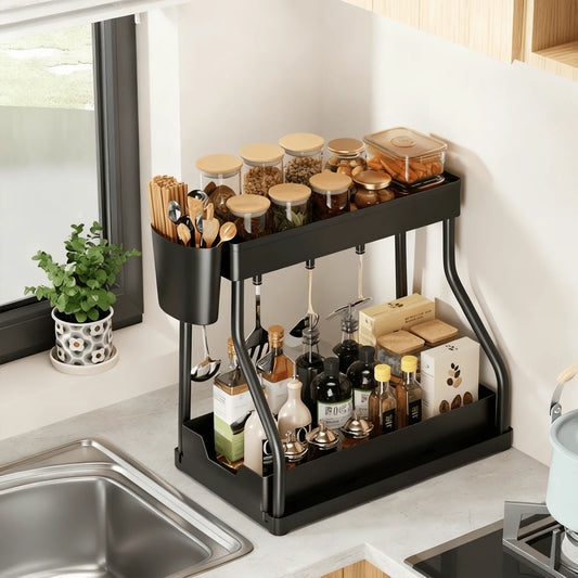 2-Tier under Sink Organizer, Removable Shelf with Drawer for Kitchen and Bathroom, with 4 Hooks and Hanging Organizer, 39.5 × 22 × 34.5 Cm