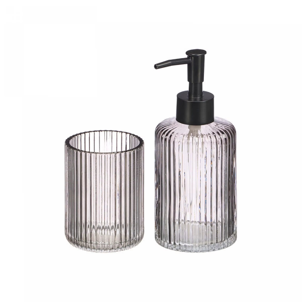 Ribbed Glass Bathroom Set with 350Ml Soap Dispenser and Multifunctional Tumbler, Elegant Bathroom Accessories in Green, Amber or Transparent with Black PP Pump